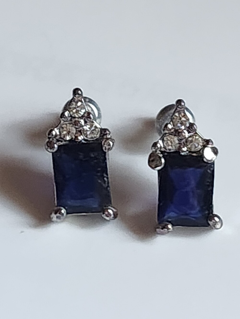 Dainty Silver-Tone Blue Crystal Stud Earrings with Clear Accent Stones